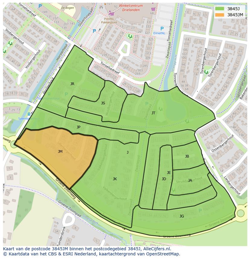Afbeelding van het postcodegebied 3845 JM op de kaart.