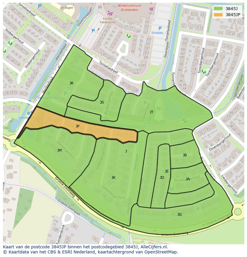 Afbeelding van het postcodegebied 3845 JP op de kaart.