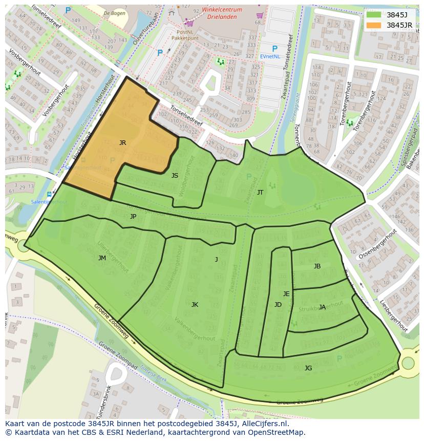 Afbeelding van het postcodegebied 3845 JR op de kaart.