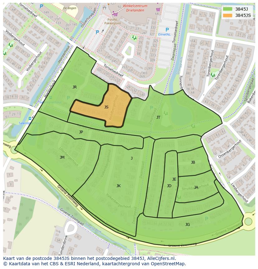 Afbeelding van het postcodegebied 3845 JS op de kaart.