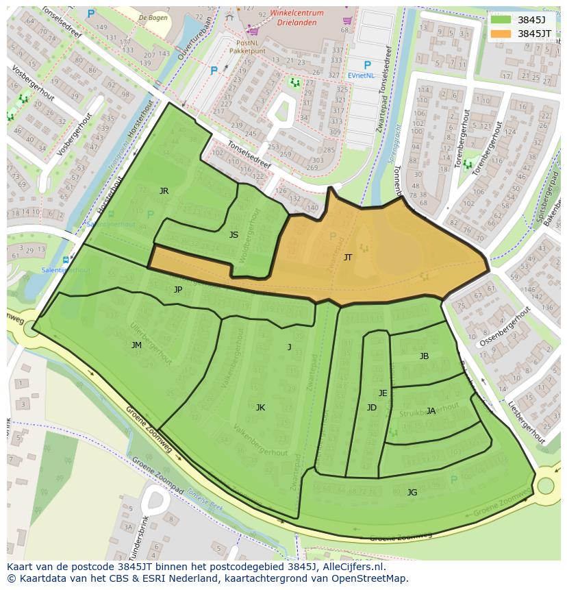 Afbeelding van het postcodegebied 3845 JT op de kaart.