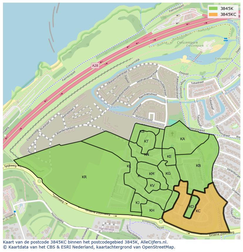 Afbeelding van het postcodegebied 3845 KC op de kaart.