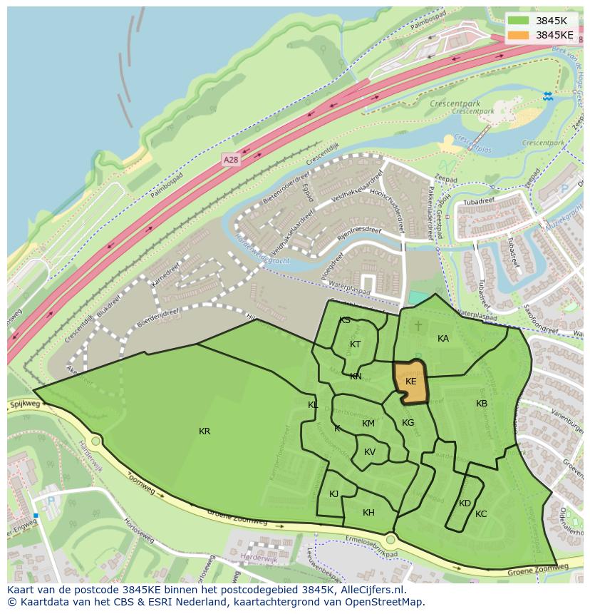 Afbeelding van het postcodegebied 3845 KE op de kaart.
