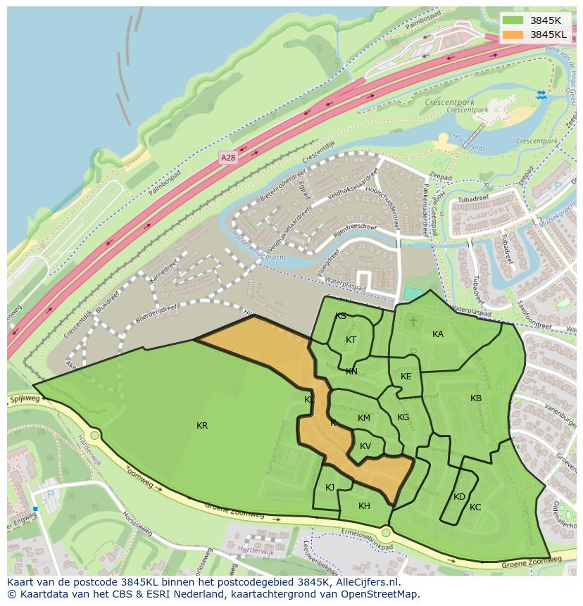 Afbeelding van het postcodegebied 3845 KL op de kaart.