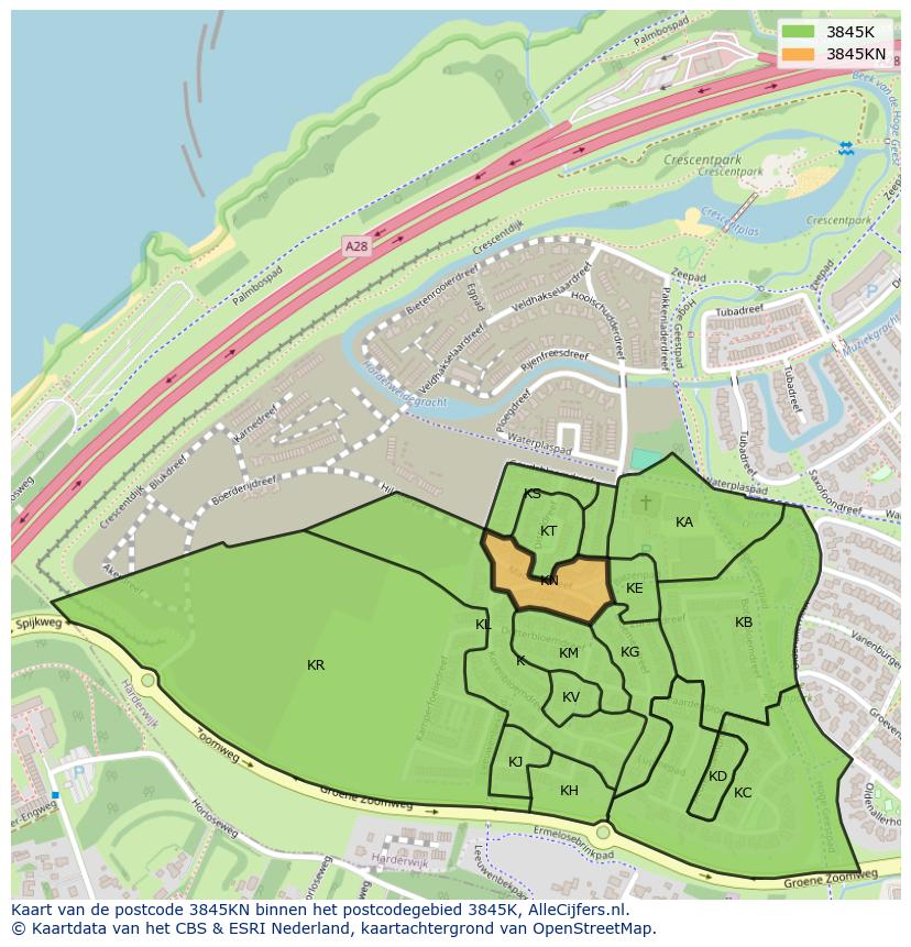 Afbeelding van het postcodegebied 3845 KN op de kaart.
