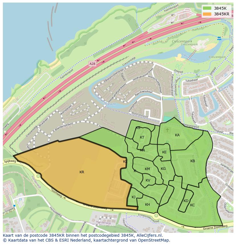 Afbeelding van het postcodegebied 3845 KR op de kaart.