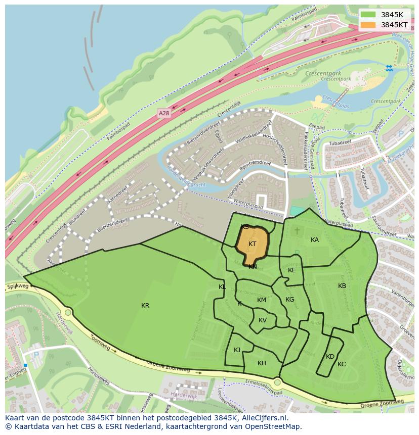 Afbeelding van het postcodegebied 3845 KT op de kaart.