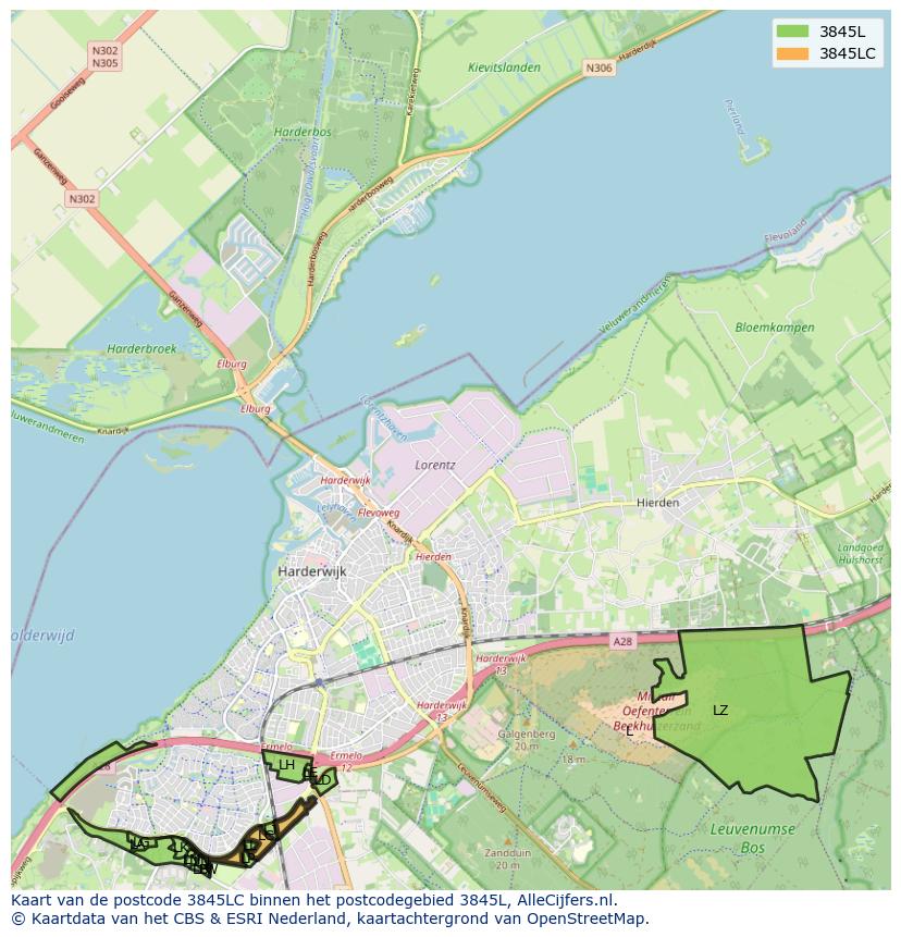 Afbeelding van het postcodegebied 3845 LC op de kaart.