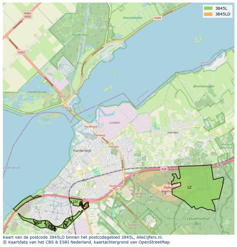 Afbeelding van het postcodegebied 3845 LD op de kaart.