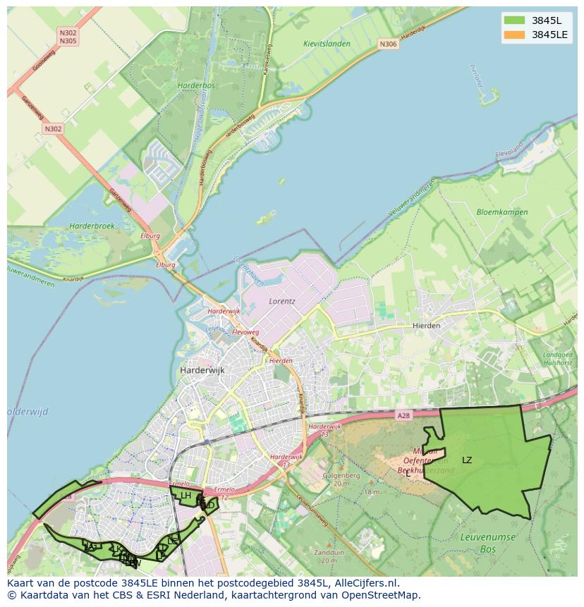 Afbeelding van het postcodegebied 3845 LE op de kaart.