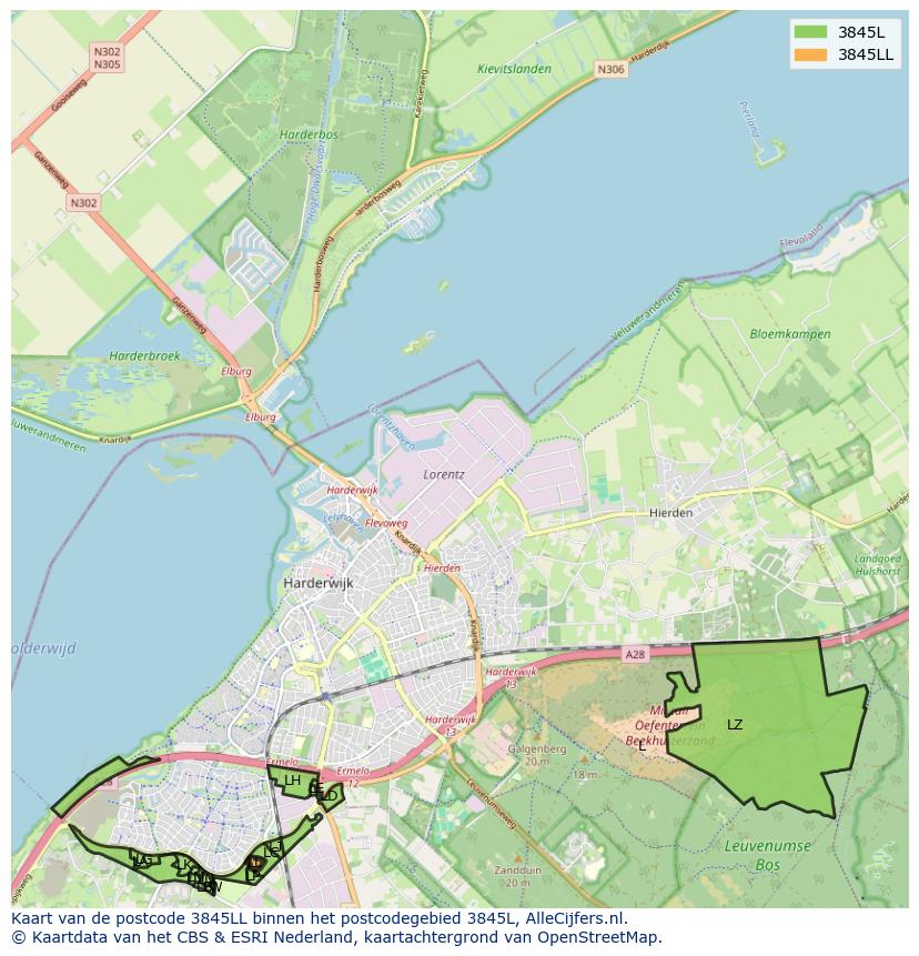Afbeelding van het postcodegebied 3845 LL op de kaart.
