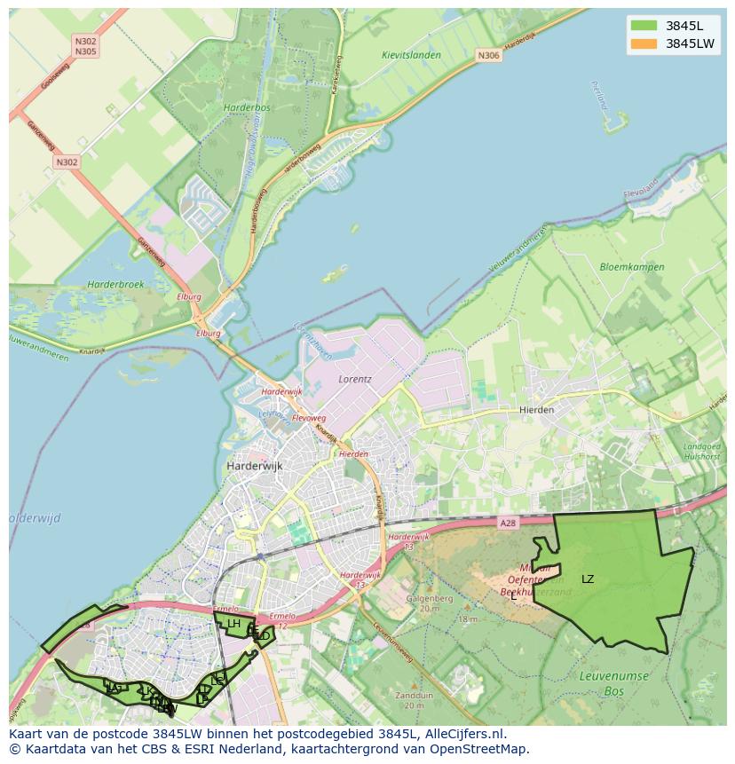 Afbeelding van het postcodegebied 3845 LW op de kaart.