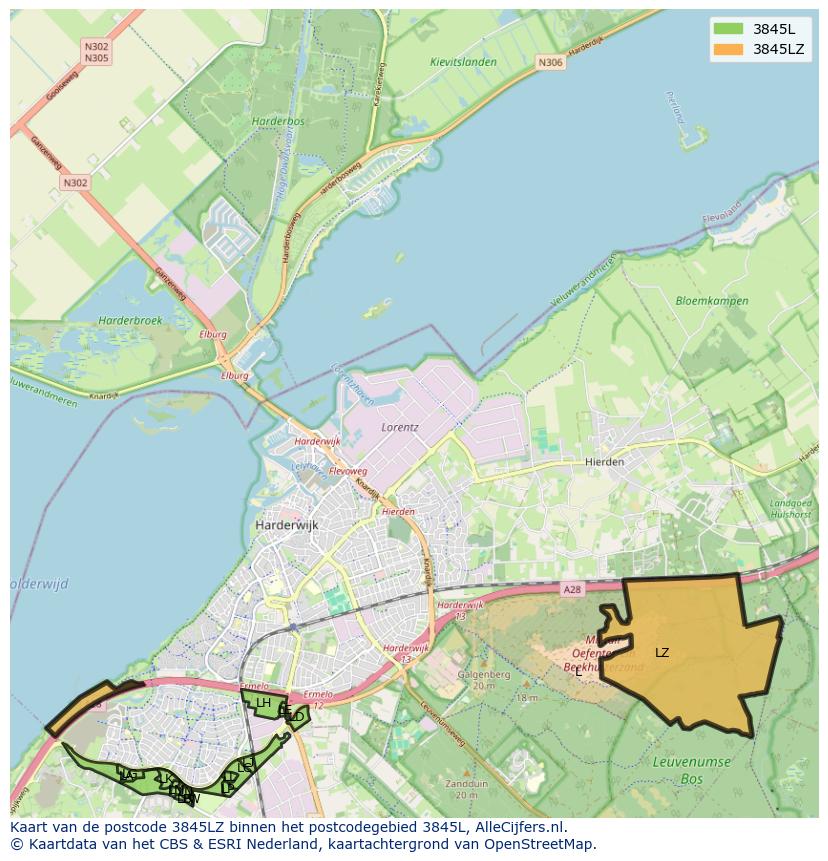 Afbeelding van het postcodegebied 3845 LZ op de kaart.