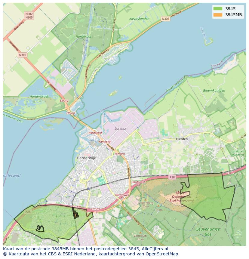 Afbeelding van het postcodegebied 3845 MB op de kaart.