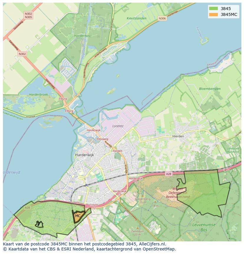 Afbeelding van het postcodegebied 3845 MC op de kaart.