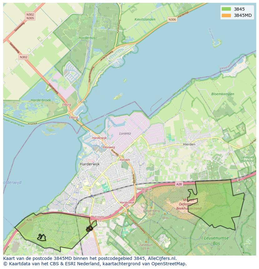 Afbeelding van het postcodegebied 3845 MD op de kaart.