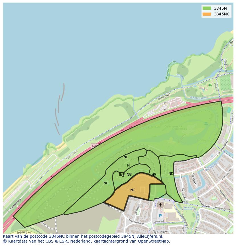 Afbeelding van het postcodegebied 3845 NC op de kaart.