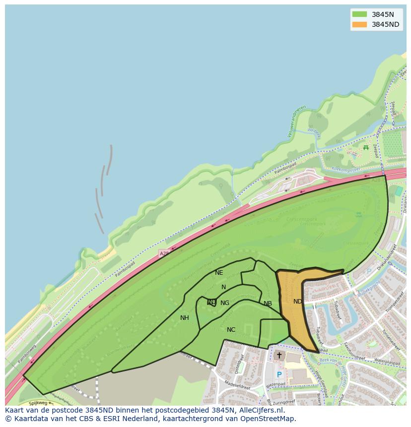 Afbeelding van het postcodegebied 3845 ND op de kaart.