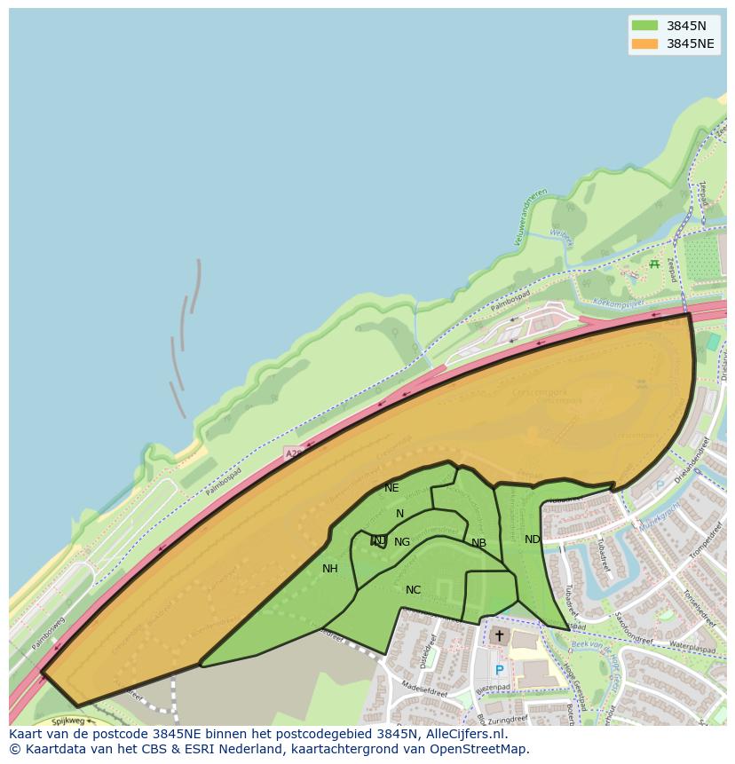 Afbeelding van het postcodegebied 3845 NE op de kaart.