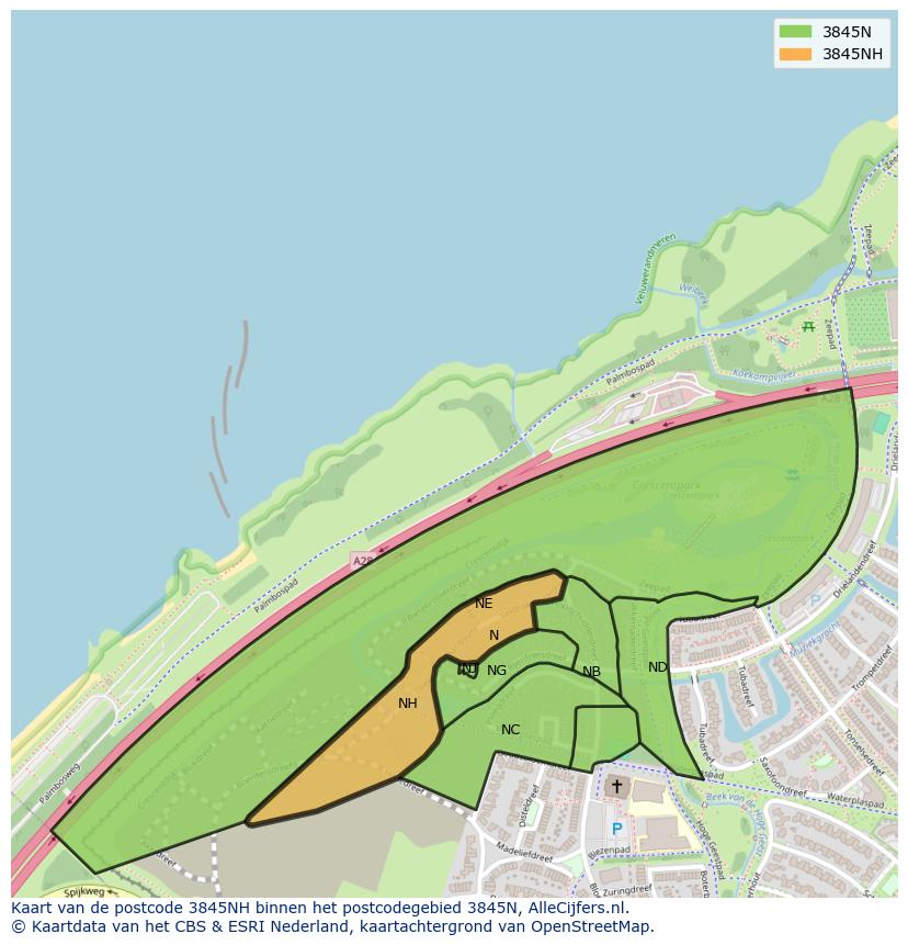 Afbeelding van het postcodegebied 3845 NH op de kaart.