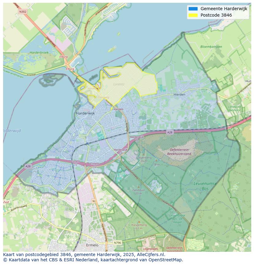 Afbeelding van het postcodegebied 3846 op de kaart.