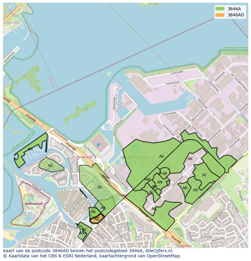 Afbeelding van het postcodegebied 3846 AD op de kaart.