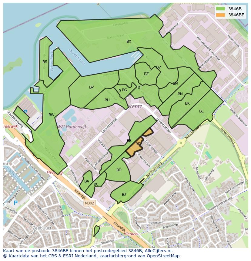 Afbeelding van het postcodegebied 3846 BE op de kaart.