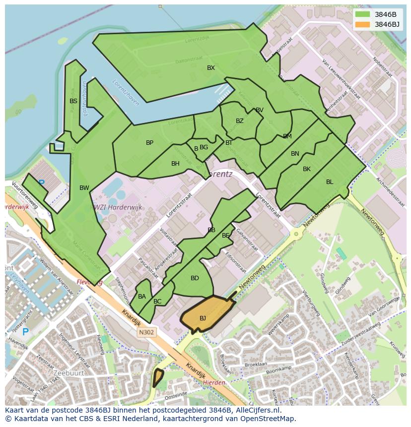Afbeelding van het postcodegebied 3846 BJ op de kaart.