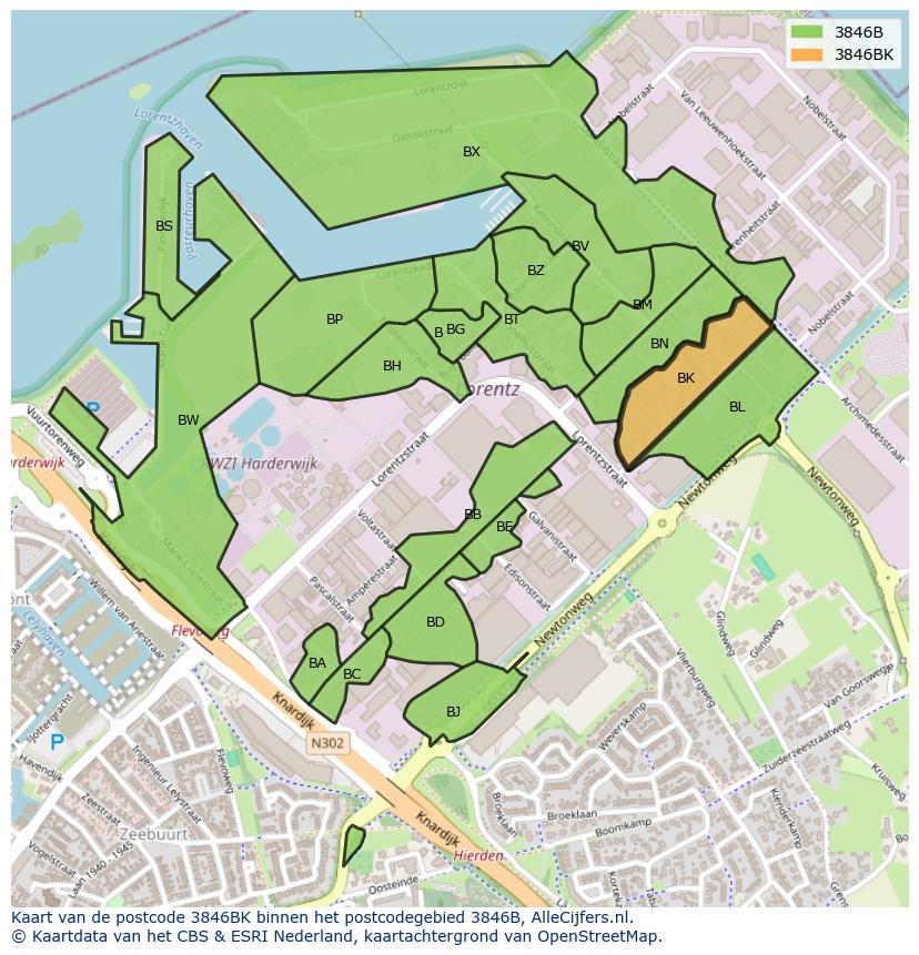 Afbeelding van het postcodegebied 3846 BK op de kaart.