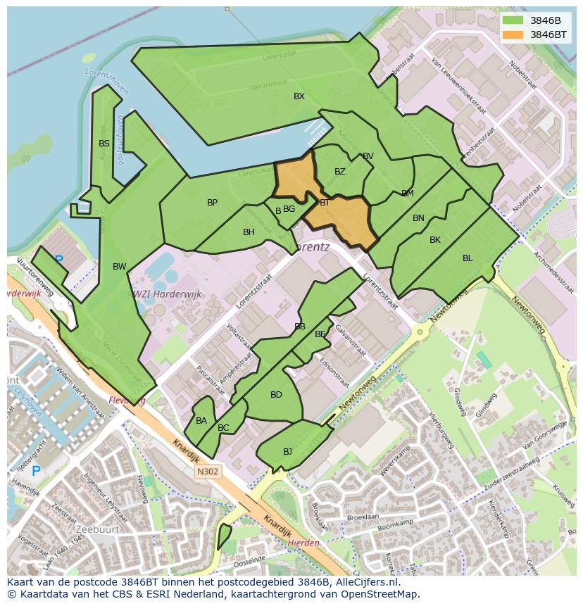 Afbeelding van het postcodegebied 3846 BT op de kaart.