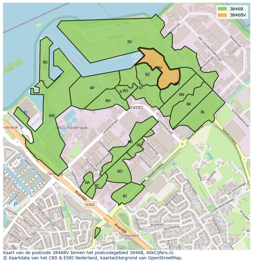 Afbeelding van het postcodegebied 3846 BV op de kaart.