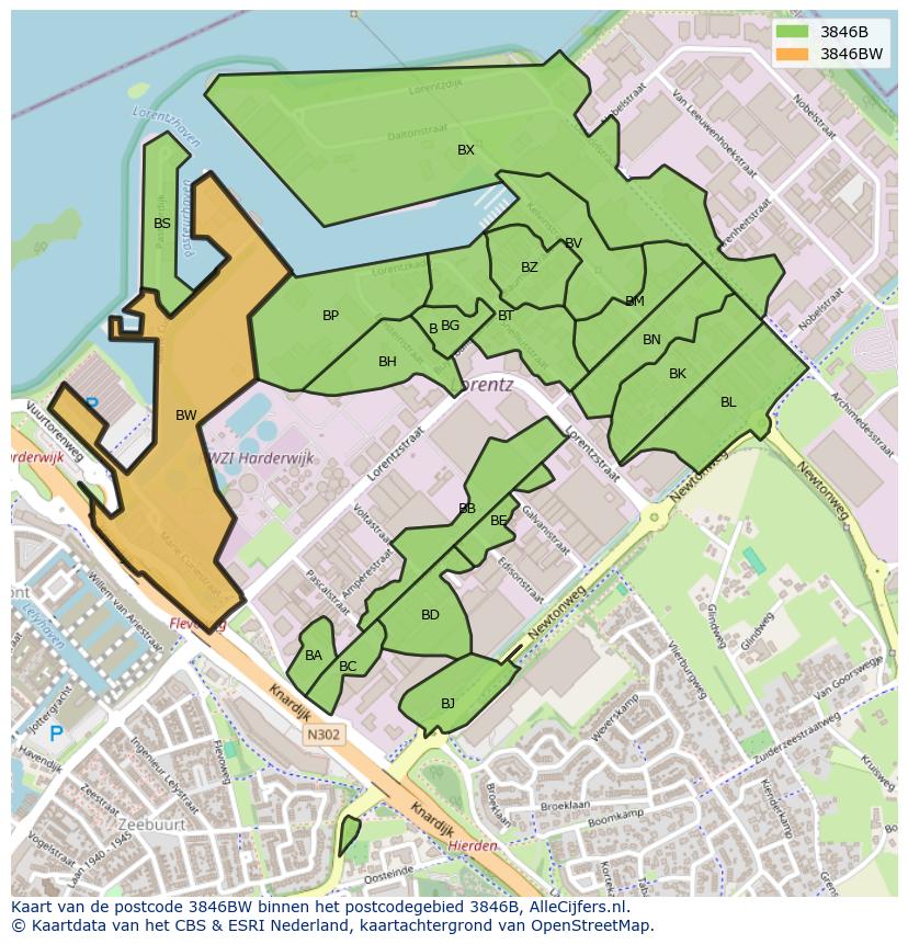 Afbeelding van het postcodegebied 3846 BW op de kaart.