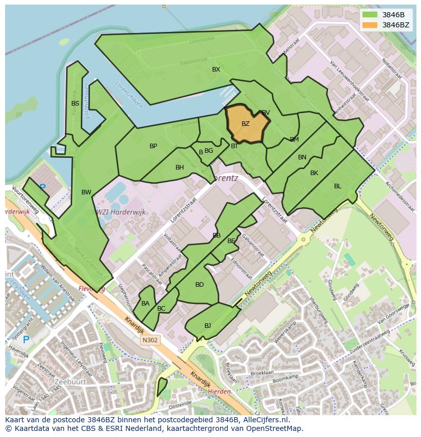 Afbeelding van het postcodegebied 3846 BZ op de kaart.