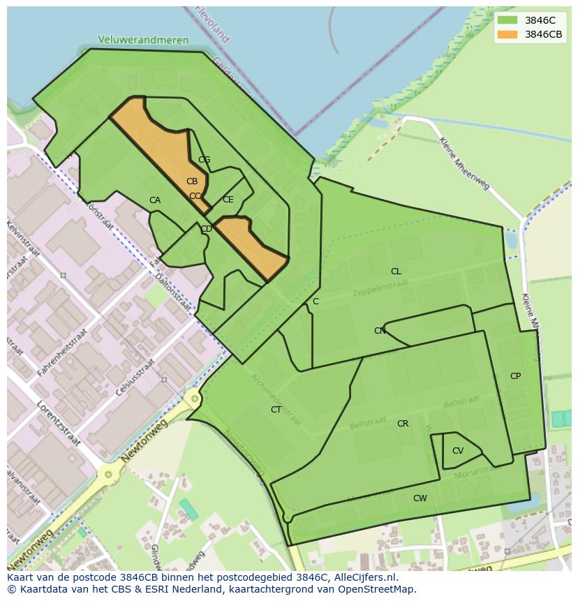 Afbeelding van het postcodegebied 3846 CB op de kaart.