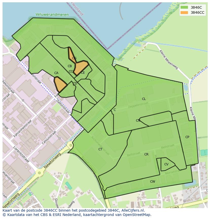 Afbeelding van het postcodegebied 3846 CC op de kaart.
