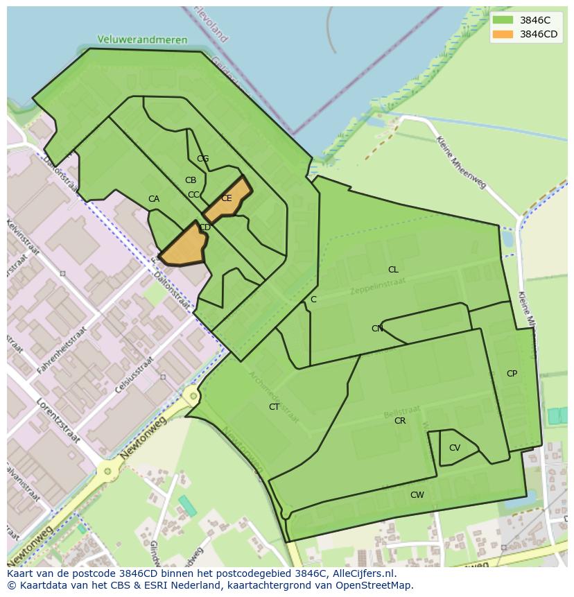 Afbeelding van het postcodegebied 3846 CD op de kaart.