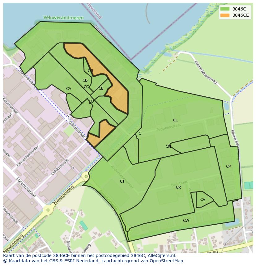 Afbeelding van het postcodegebied 3846 CE op de kaart.