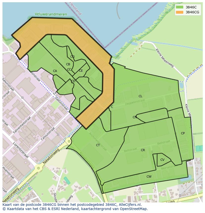 Afbeelding van het postcodegebied 3846 CG op de kaart.