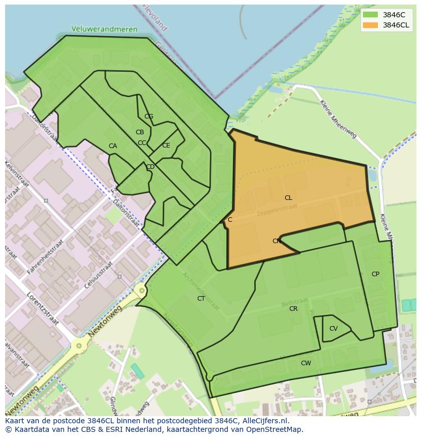 Afbeelding van het postcodegebied 3846 CL op de kaart.