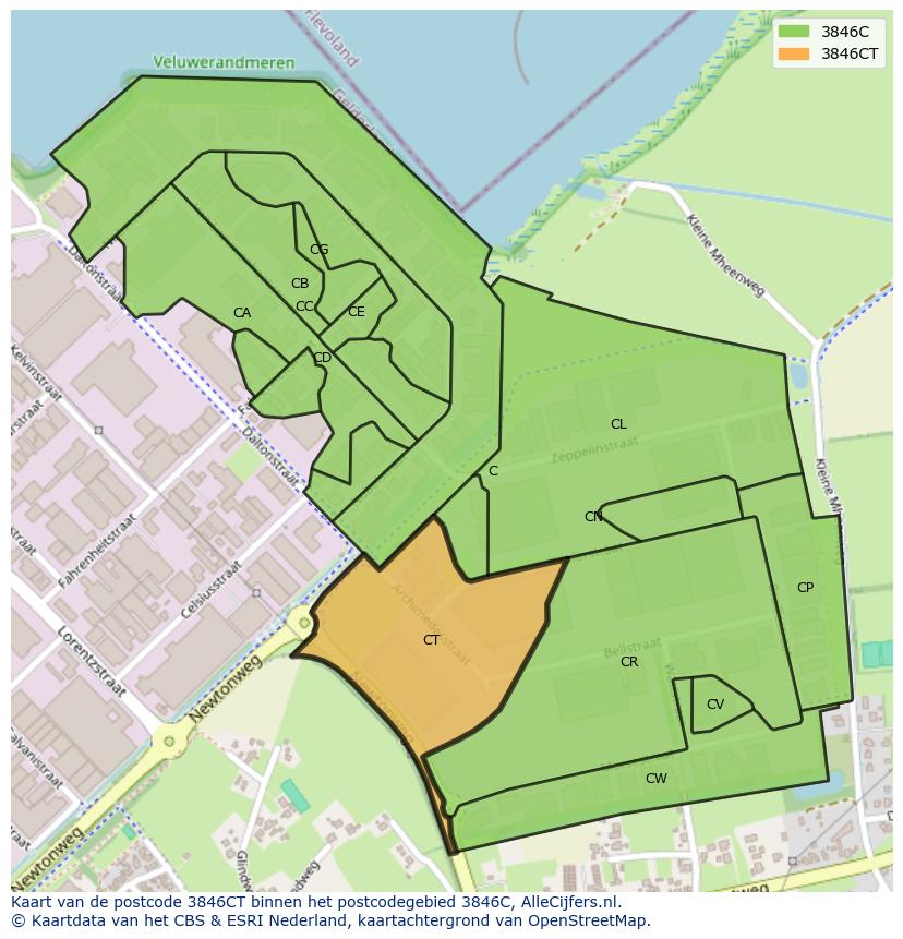 Afbeelding van het postcodegebied 3846 CT op de kaart.