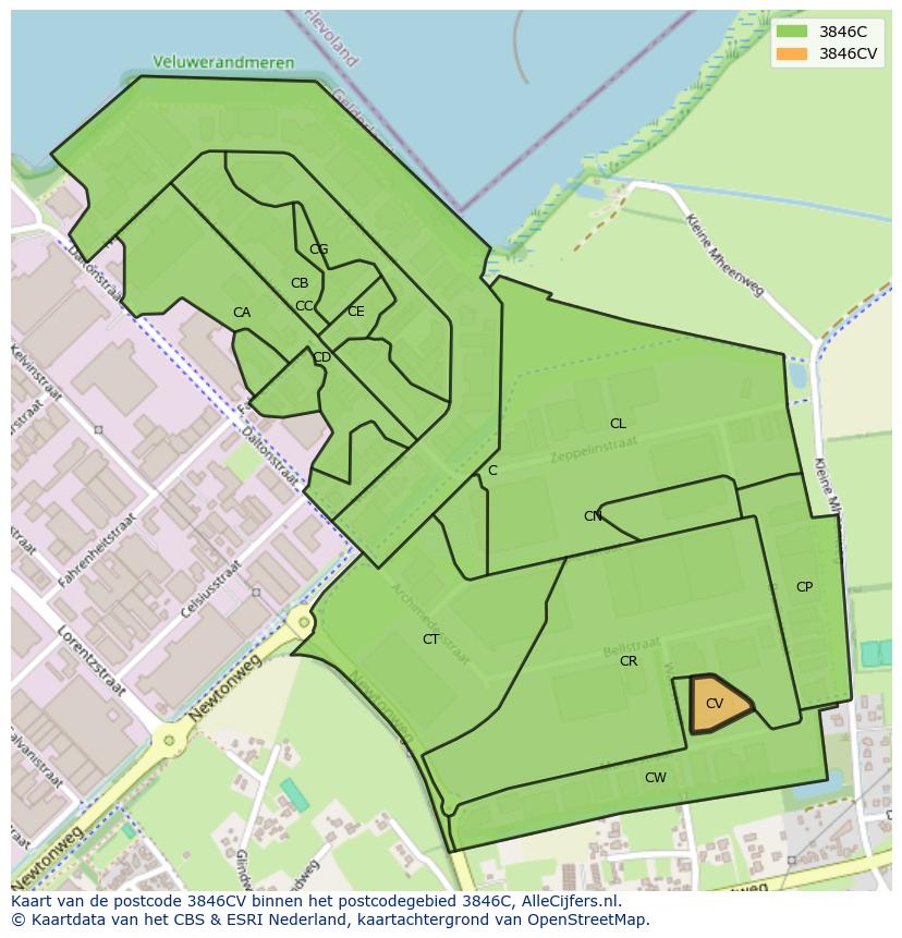 Afbeelding van het postcodegebied 3846 CV op de kaart.