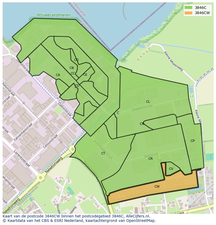 Afbeelding van het postcodegebied 3846 CW op de kaart.