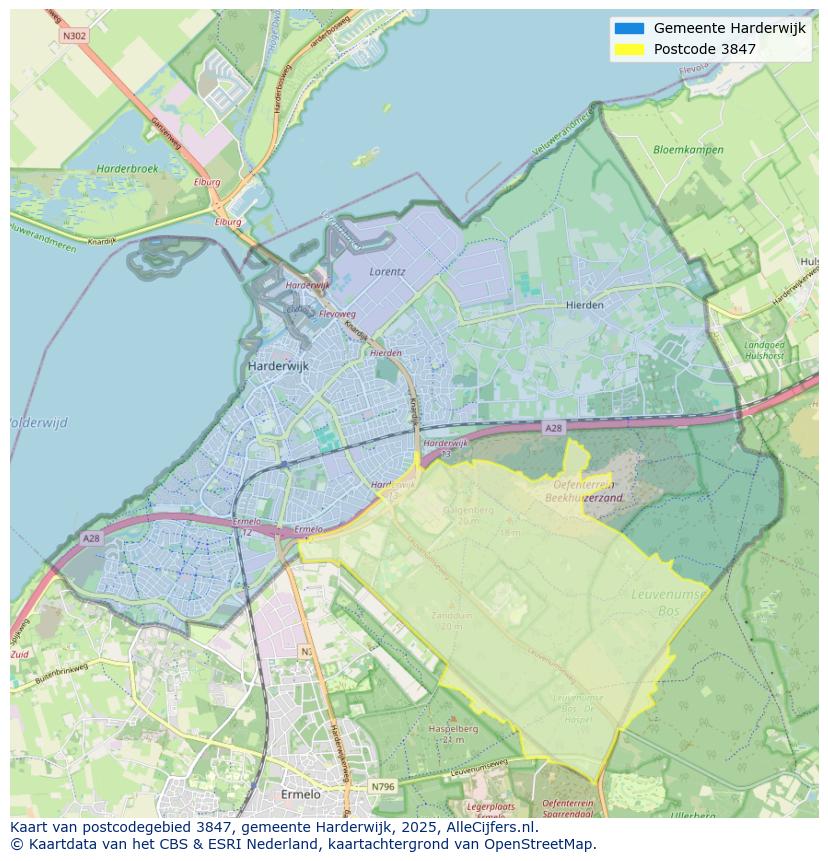Afbeelding van het postcodegebied 3847 op de kaart.