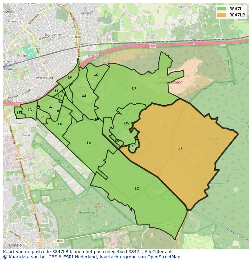 Afbeelding van het postcodegebied 3847 LB op de kaart.