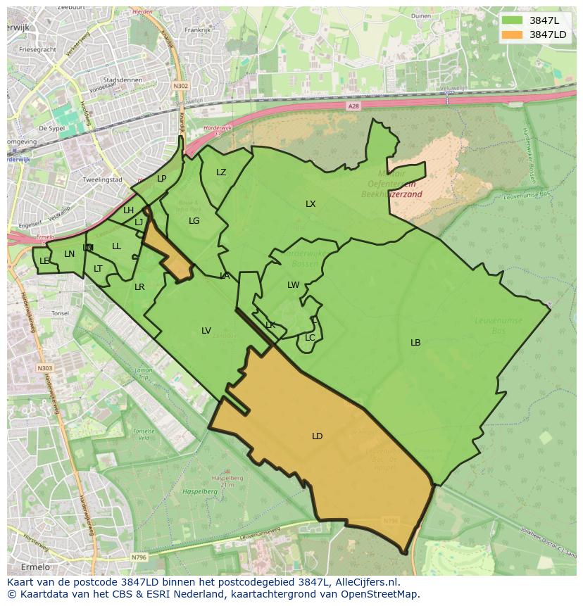 Afbeelding van het postcodegebied 3847 LD op de kaart.