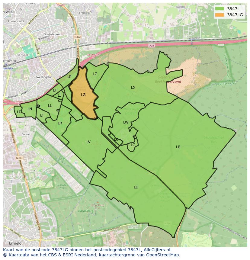 Afbeelding van het postcodegebied 3847 LG op de kaart.