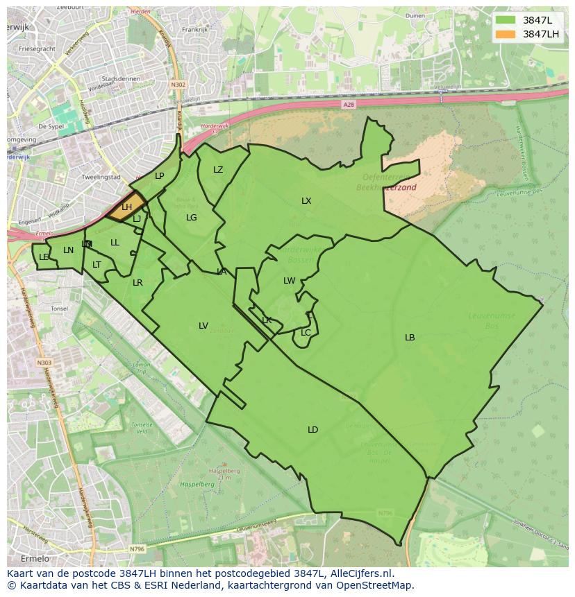 Afbeelding van het postcodegebied 3847 LH op de kaart.