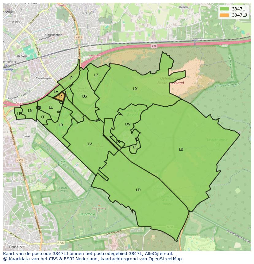 Afbeelding van het postcodegebied 3847 LJ op de kaart.