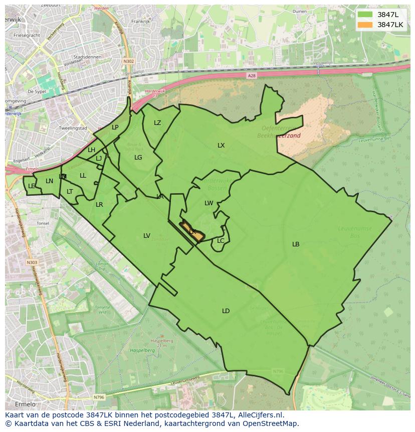 Afbeelding van het postcodegebied 3847 LK op de kaart.