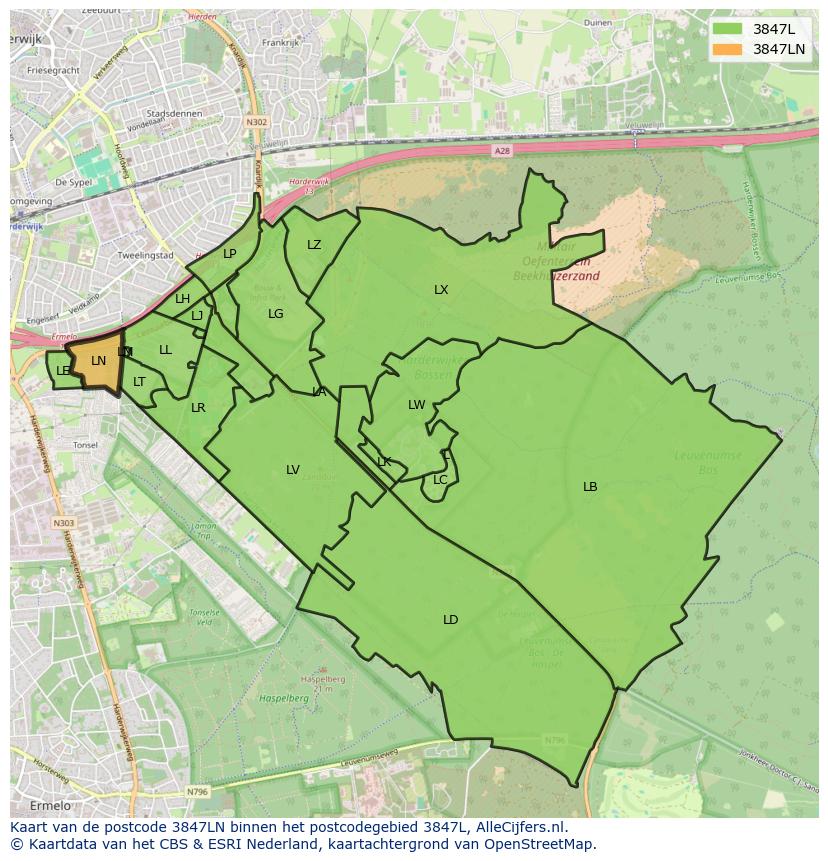 Afbeelding van het postcodegebied 3847 LN op de kaart.